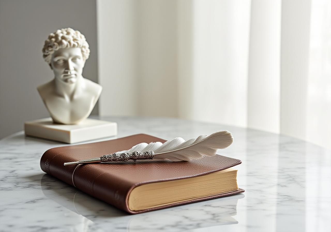 Antique leather-bound journals and silver quill on a white marble desk
